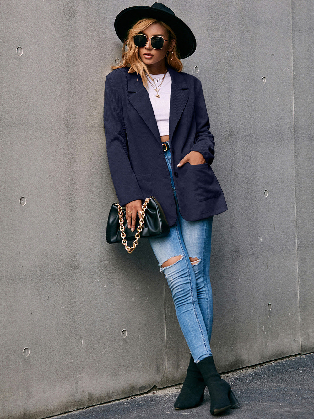 Valenzora | Corduroy Long-Sleeve Longline Blazer with Pockets
