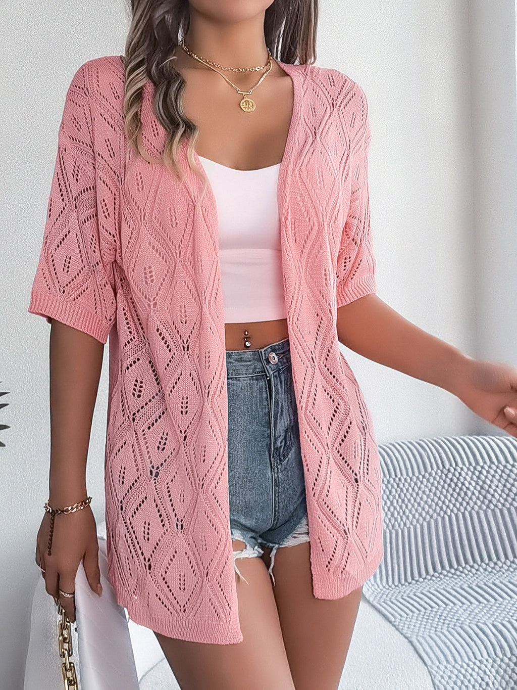Valenzora | Open-front, open-cut, short-sleeved cardigan