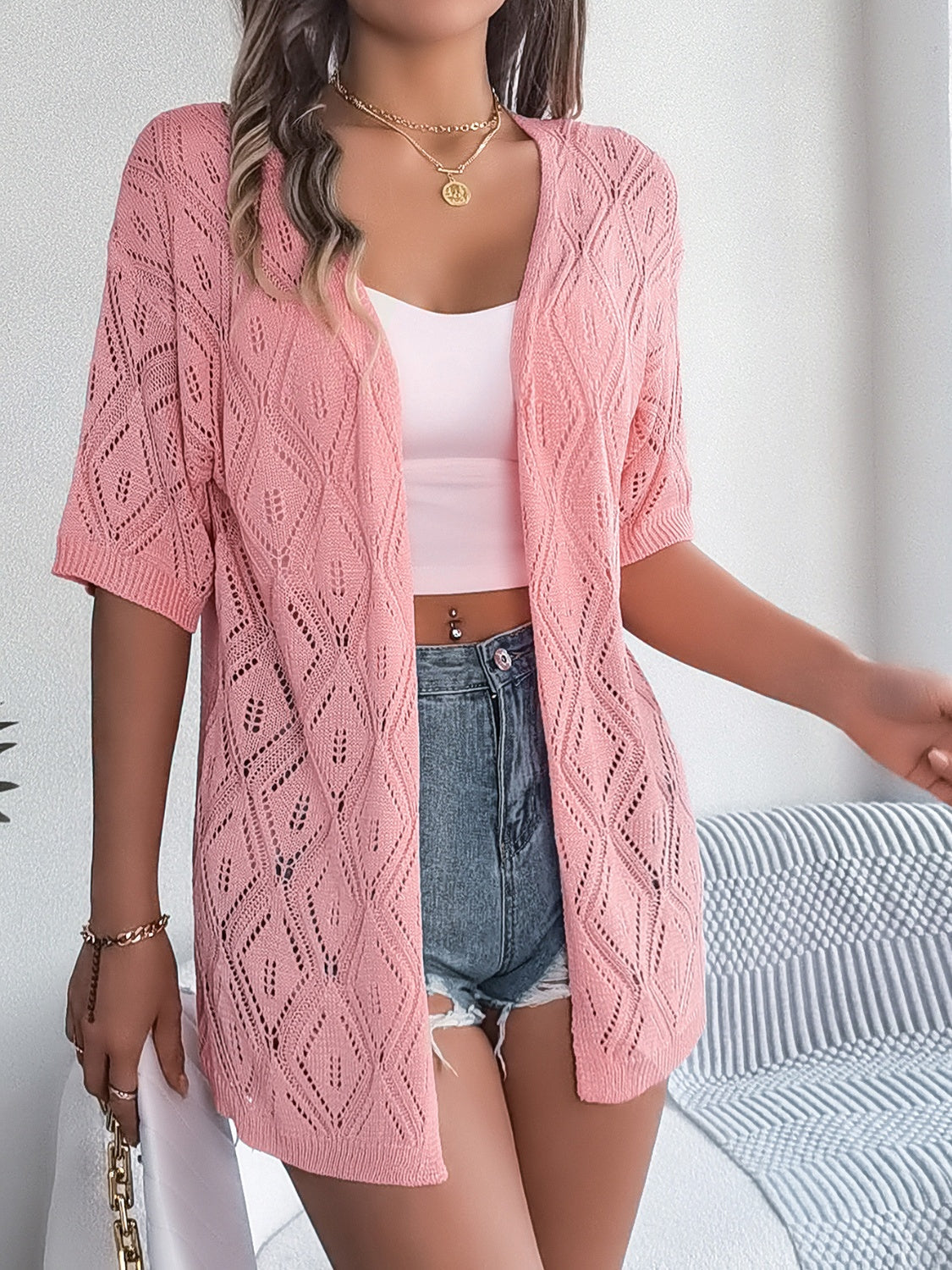 Valenzora | Open-front, open-cut, short-sleeved cardigan