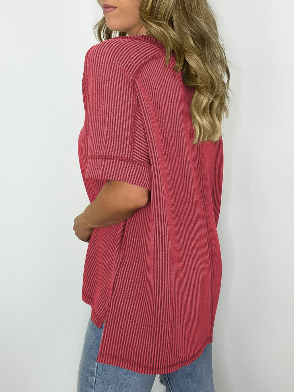Valenzora | Corduroy V-neck short-sleeved T-shirt