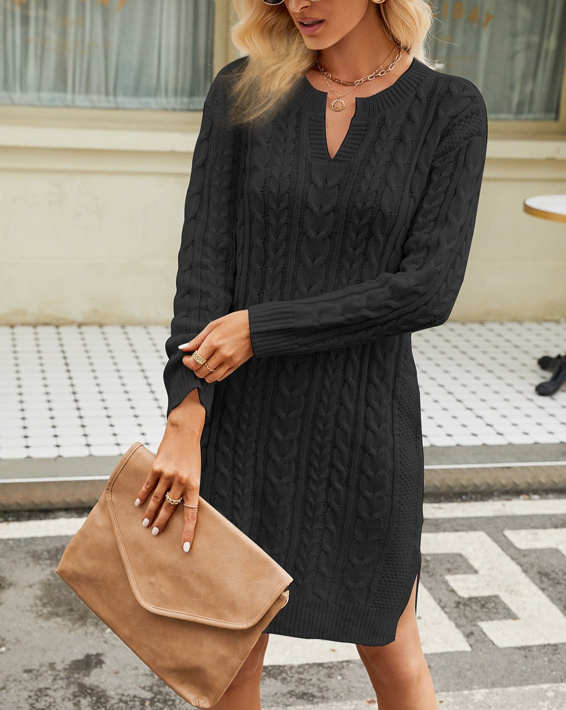 Valenzora | Chic autumn cable knit dress with neckline for women