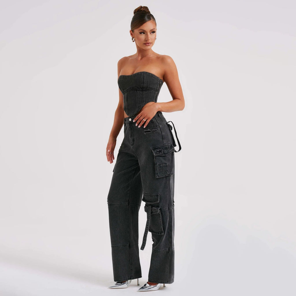 Valenzora | Jeansanzug Sommer Sexy Rückenfreies Tube Top und Cargohose mit Mehreren Taschen Modischer Langer Hosenanzug Damenbekleidung