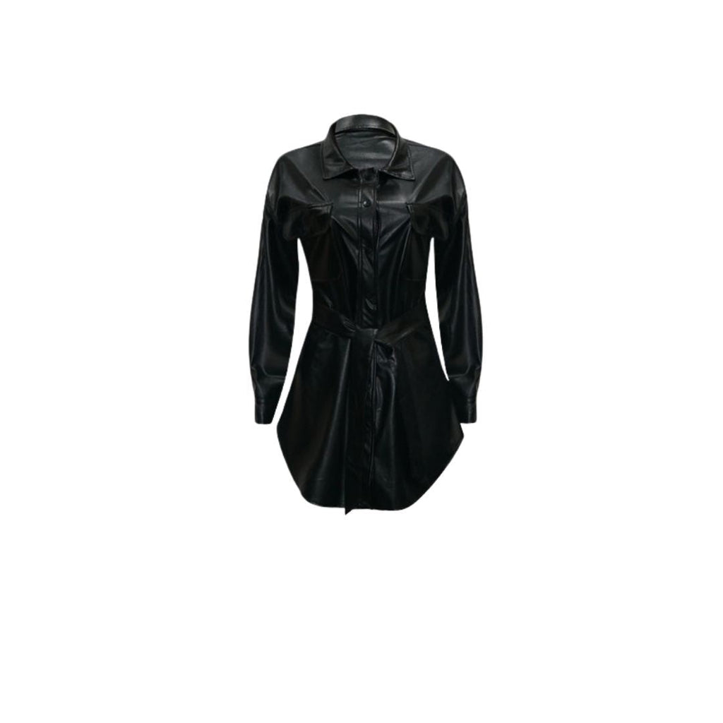 Valenzora | Faux leather shirt dress with belt