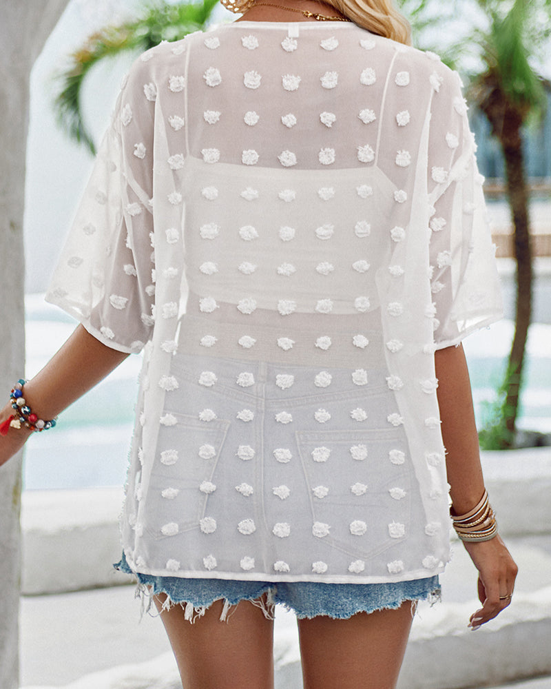 Valenzora | Solid-color thin jacquard cardigan with short sleeves