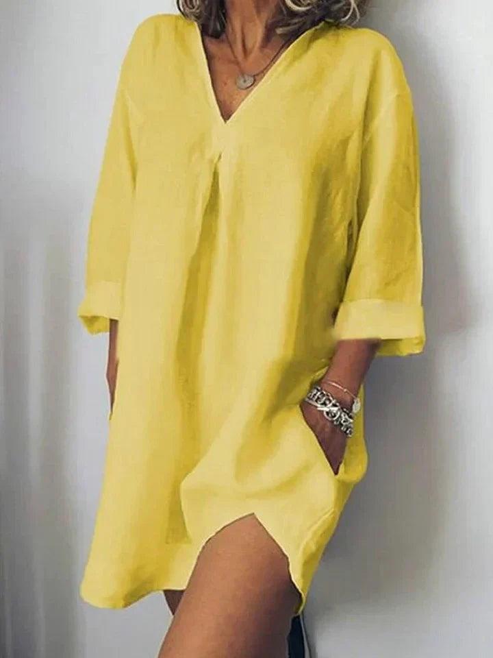 Valenzora | Leinenkleid mit V-Ausschnitt und halben Ärmeln