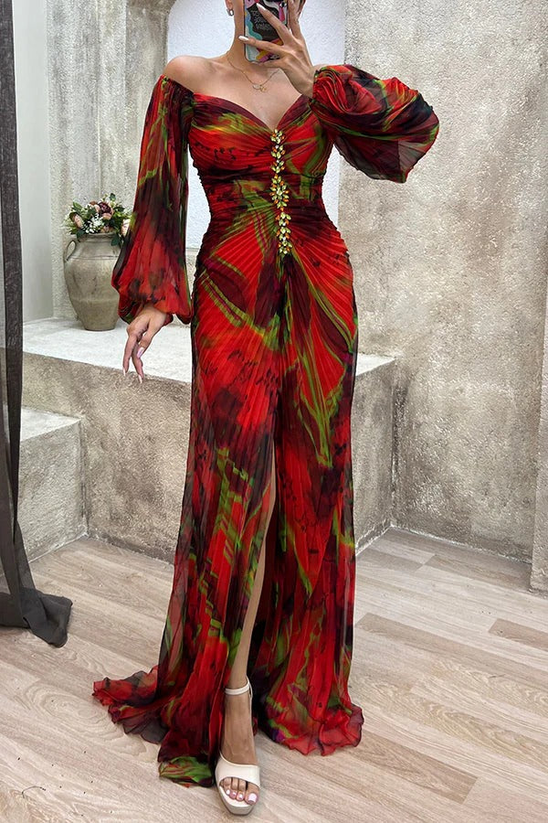 Valenzora | Sunset Serenade Printed Off-Shoulder Maxi Dress with Diamond Embellishments and Pleated Skirts with Slits