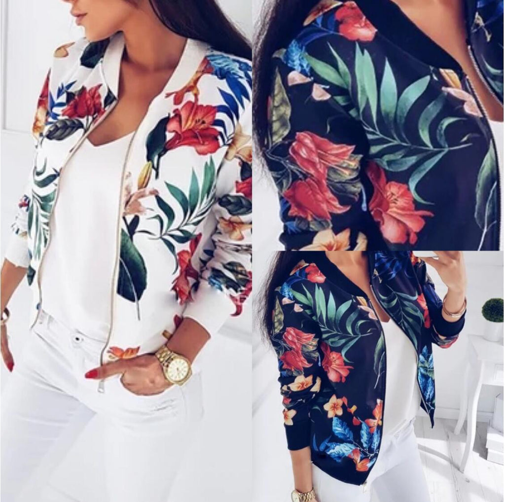 Women's bomber jacket with floral print and elasticated cuffs, size S