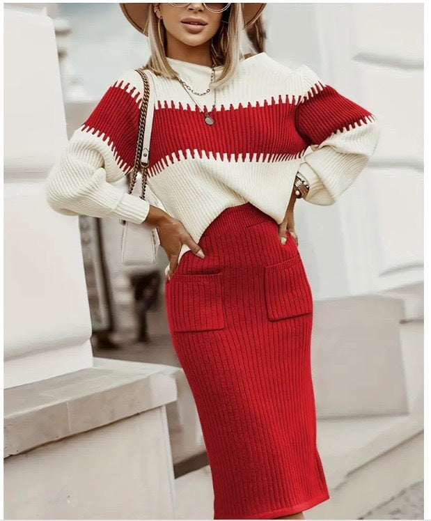 Valenzora | 1-piece knitwear set - long-sleeved sweater and slim midi skirt