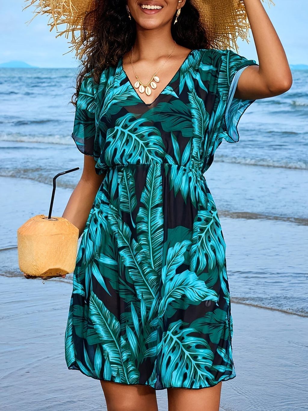 Valenzora | Bohemian beach dress with porcelain mini print and V-neck