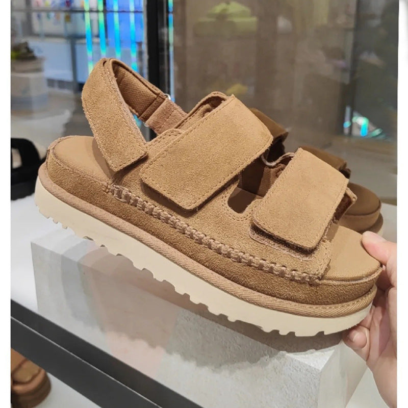 Valenzora | Frühling und Sommer Neue Sandalen aus echtem Leder mit dicker Sohle und Riemchen-Klettverschluss Damen Offene Zehen Höhenerhöhung