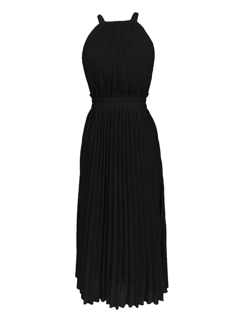 Valenzora | Elegant summer midi dress with round neckline and gathered waist