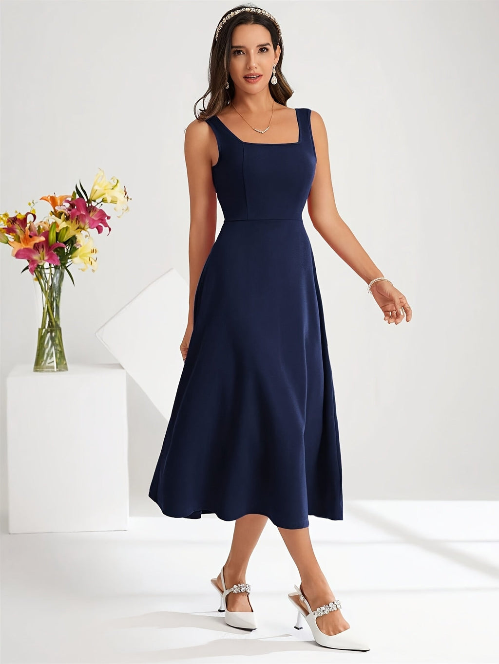 Valenzora | Elegant dress with straps, dark blue color