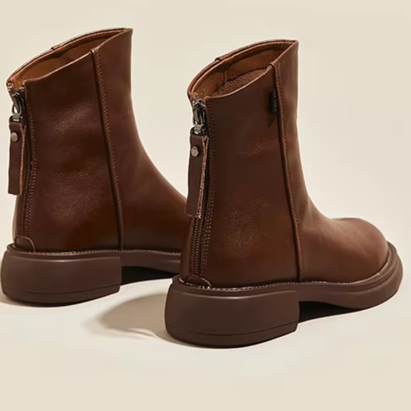 Valenzora | Women's Leather Ankle Boots with Back Zipper and Low Heel