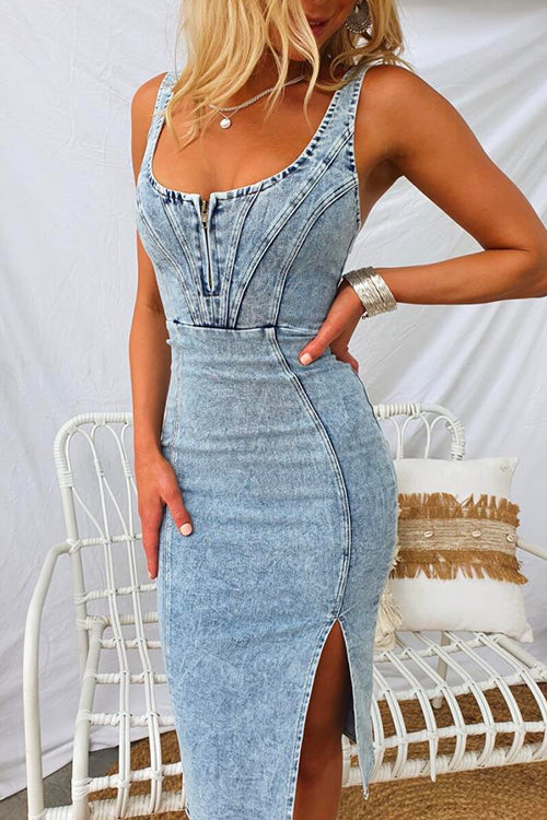 Valenzora | U-neck zip slit denim bodycon cami dress