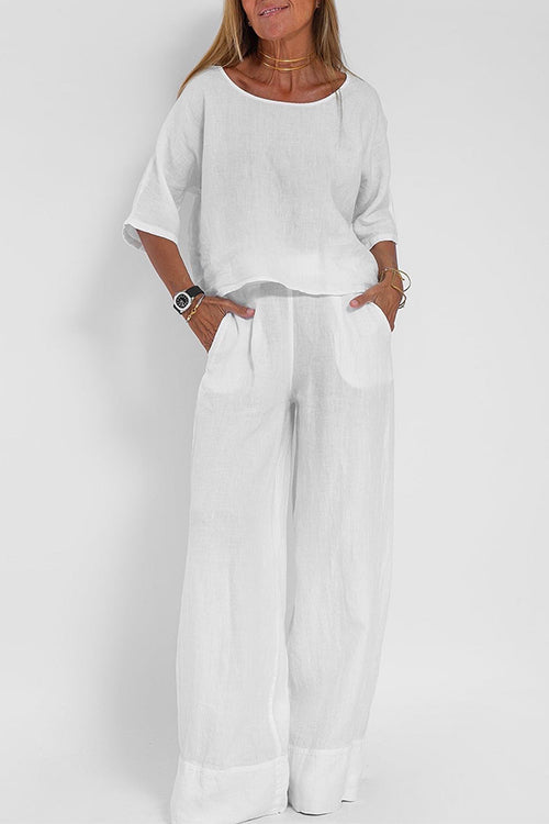 Valenzora | Rosiedress Round Neck 3/4 Sleeve Pullover Wide Leg Trousers Cotton Linen Set