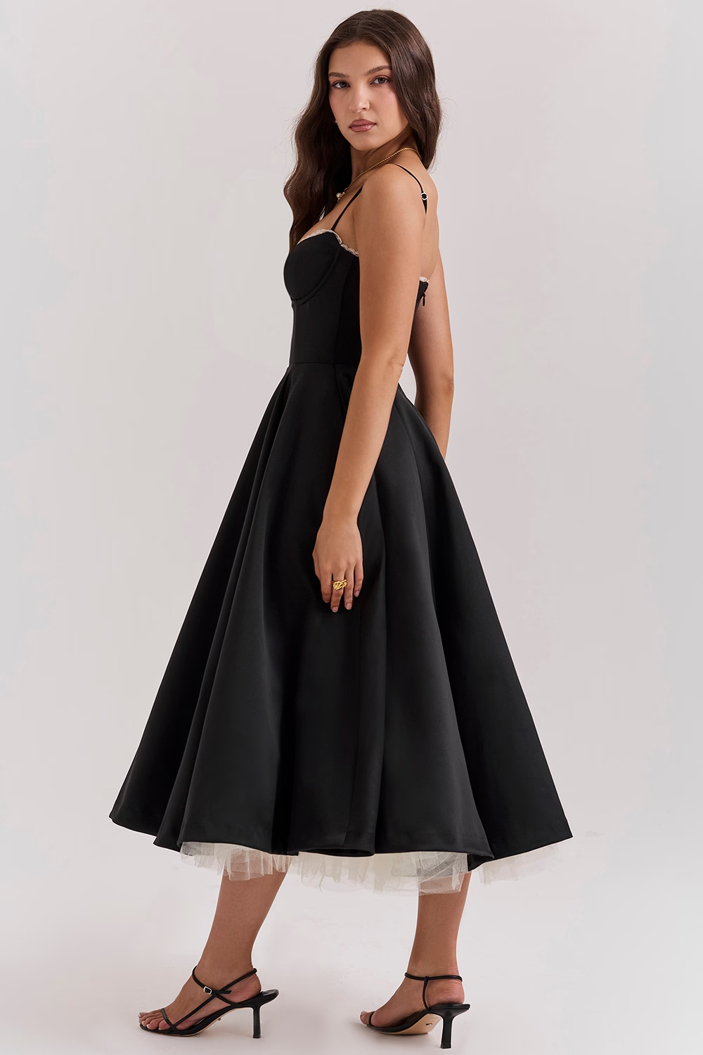 Valenzora | A-line Midi Dress Spaghetti Straps Lace Detail Elegant Formal Wear