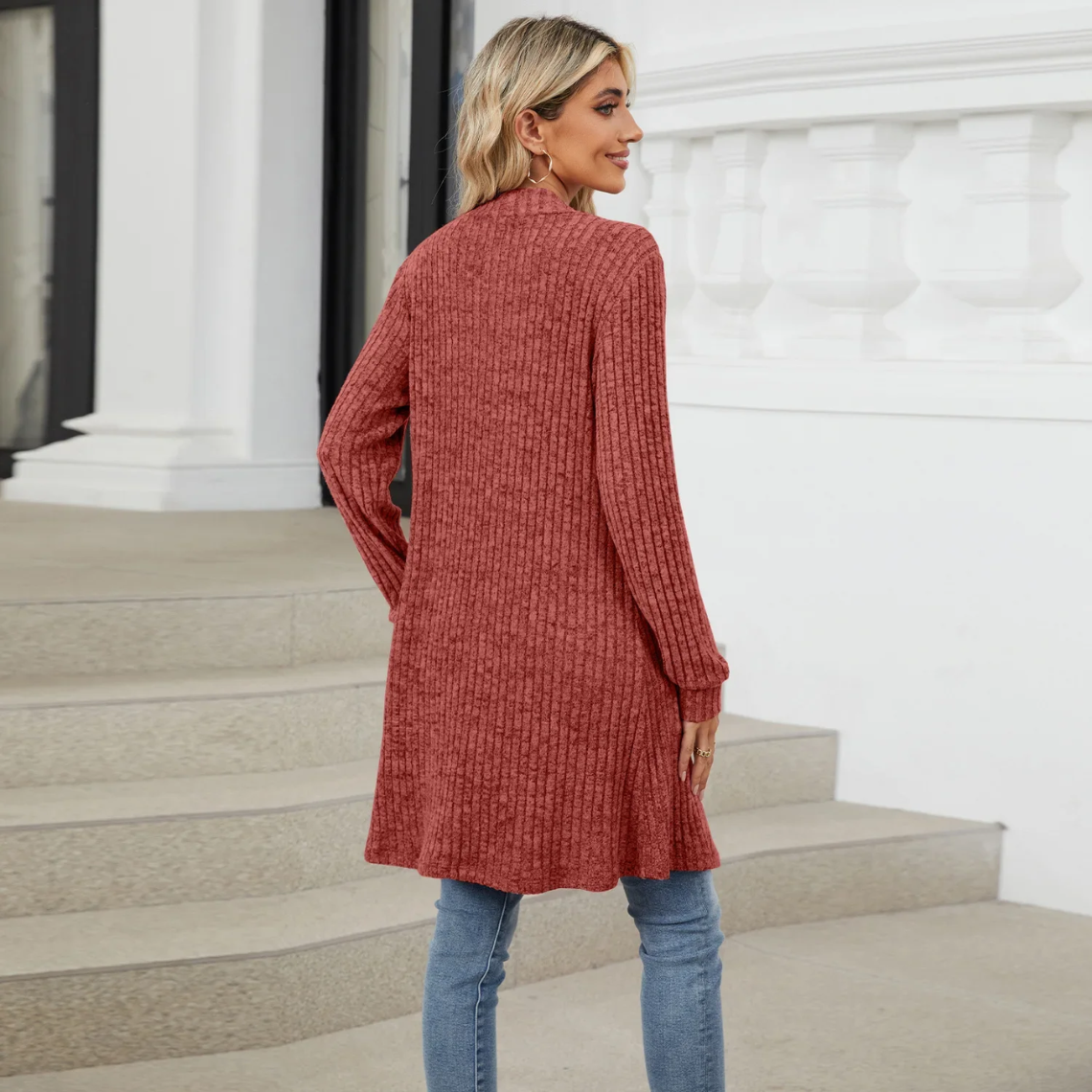 Valenzora | Long Women's Ribbed Open Front Cardigan with Pockets