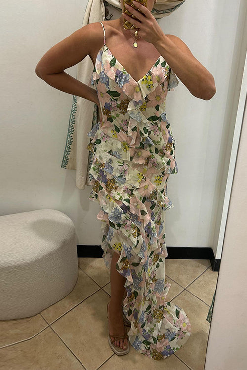 Valenzora | V-neck Asymmetrical hem Ruffles Floral print Maxi Cami Dress