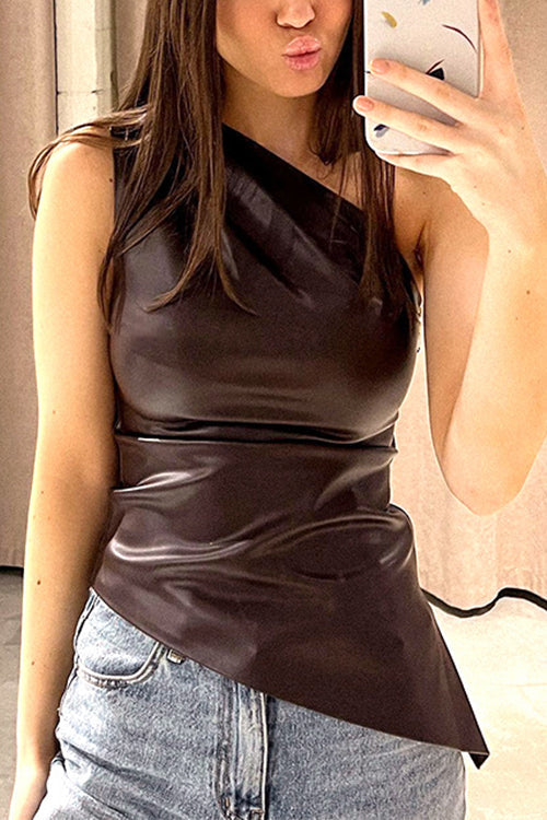 Valenzora | Rosiedress One-shoulder sleeveless asymmetrical faux leather top
