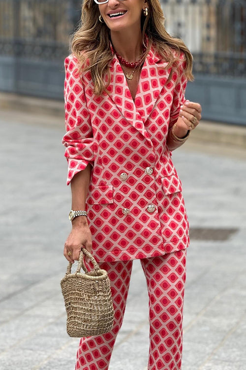Valenzora | Rosiedress Geometric Print Lapel Double Button Blazer and Flare Trousers Set