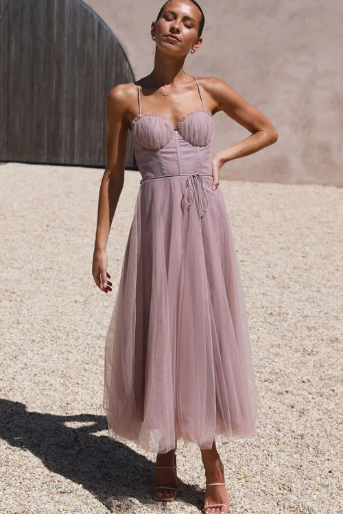 Valenzora | Rare Beauty Tulle Backless Midi Dress