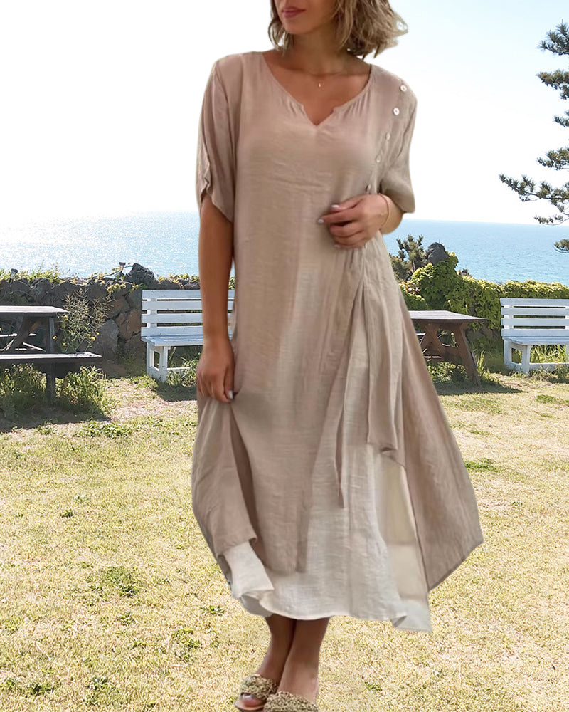 Valenzora | Asymmetrisches Kleid mit kurzen Ärmeln und V-Ausschnitt