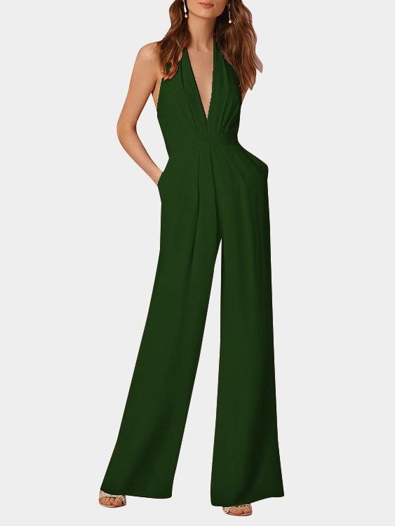 Valenzora | Tiefer V-Ausschnitt Ärmelloser Jumpsuit mit weitem Bein
