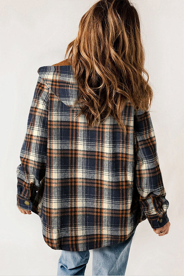 Valenzora | Snap Button Sherpa Fleece Lined Hooded Flannel Jacket