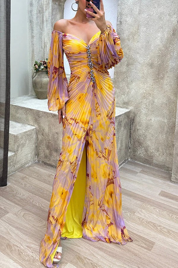 Valenzora | Sunset Serenade Printed Off-Shoulder Maxi Dress with Diamond Embellishments and Pleated Skirts with Slits