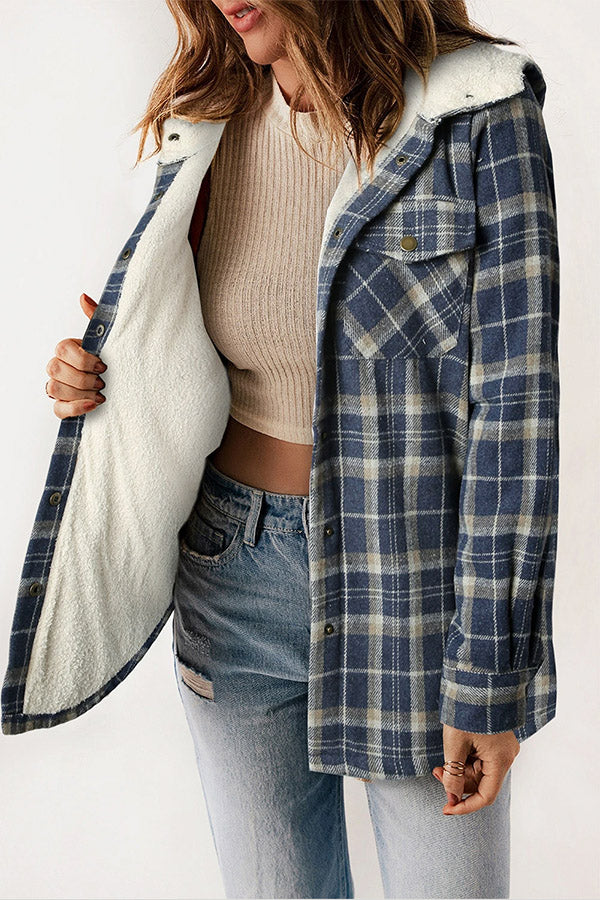 Valenzora | Snap Button Sherpa Fleece Lined Hooded Flannel Jacket