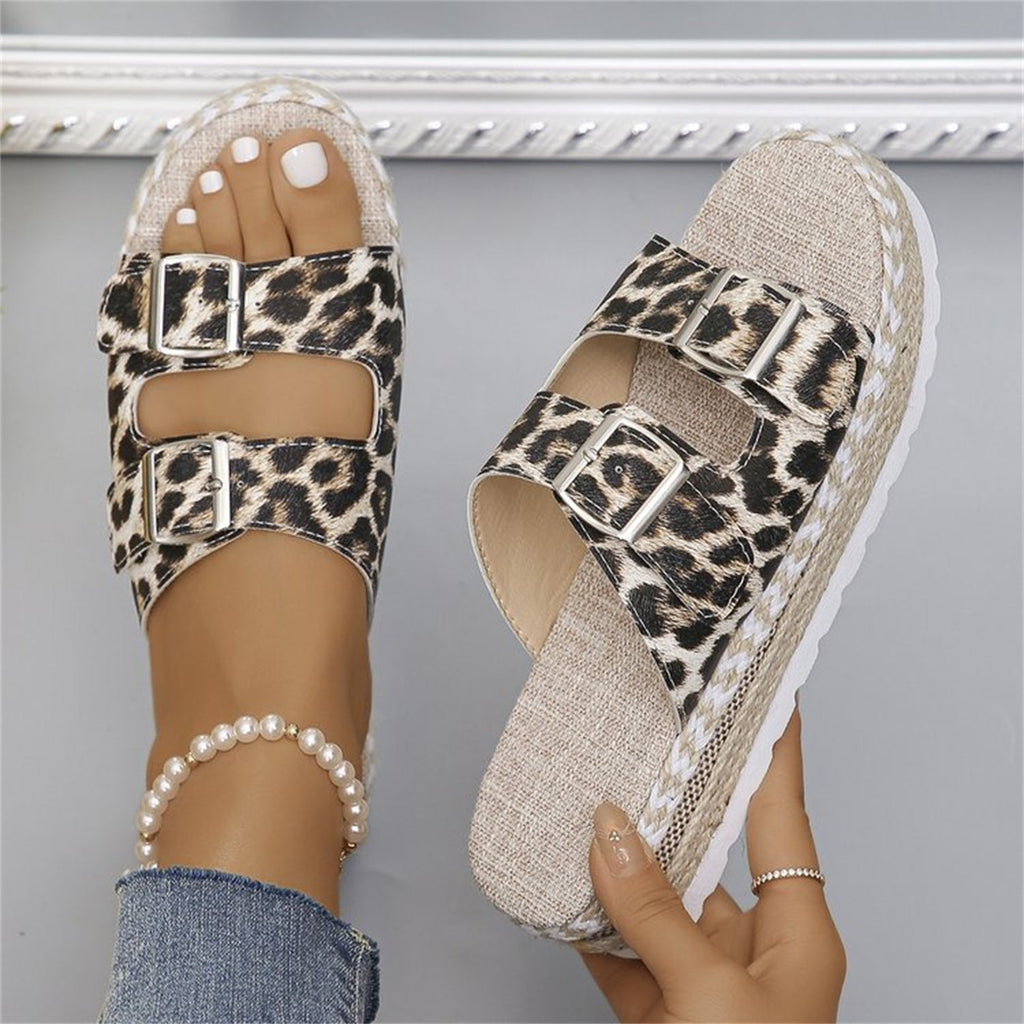 Valenzora sandals with double buckle and leopard print