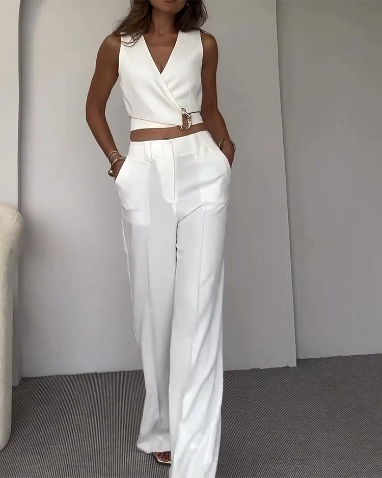 Simple buckle vest & trousers suit set