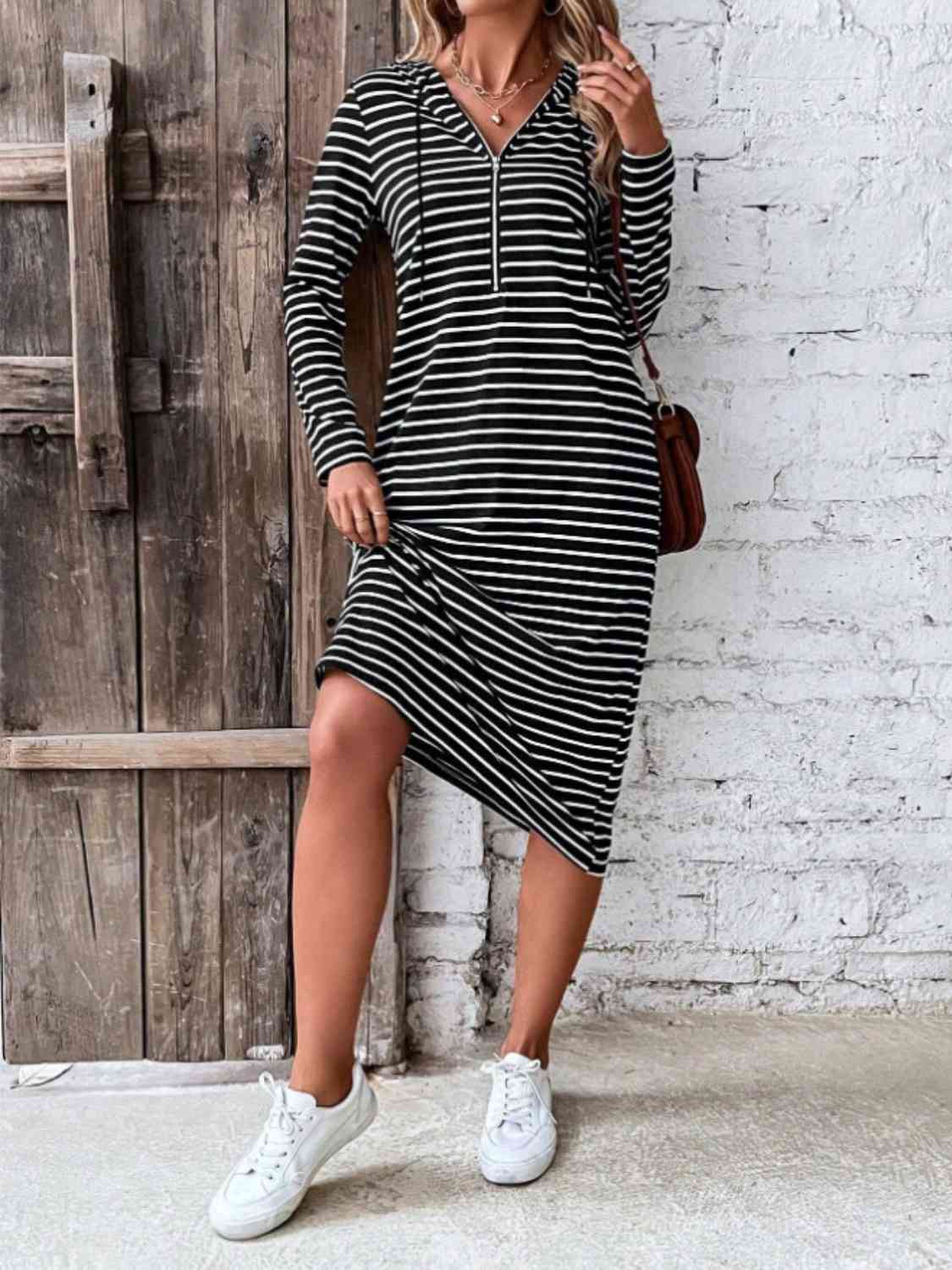 Valenzora | Striped Zip-Front Hooded Dress