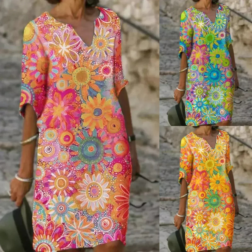 Valenzora | Midi dress with V-neck and floral pattern