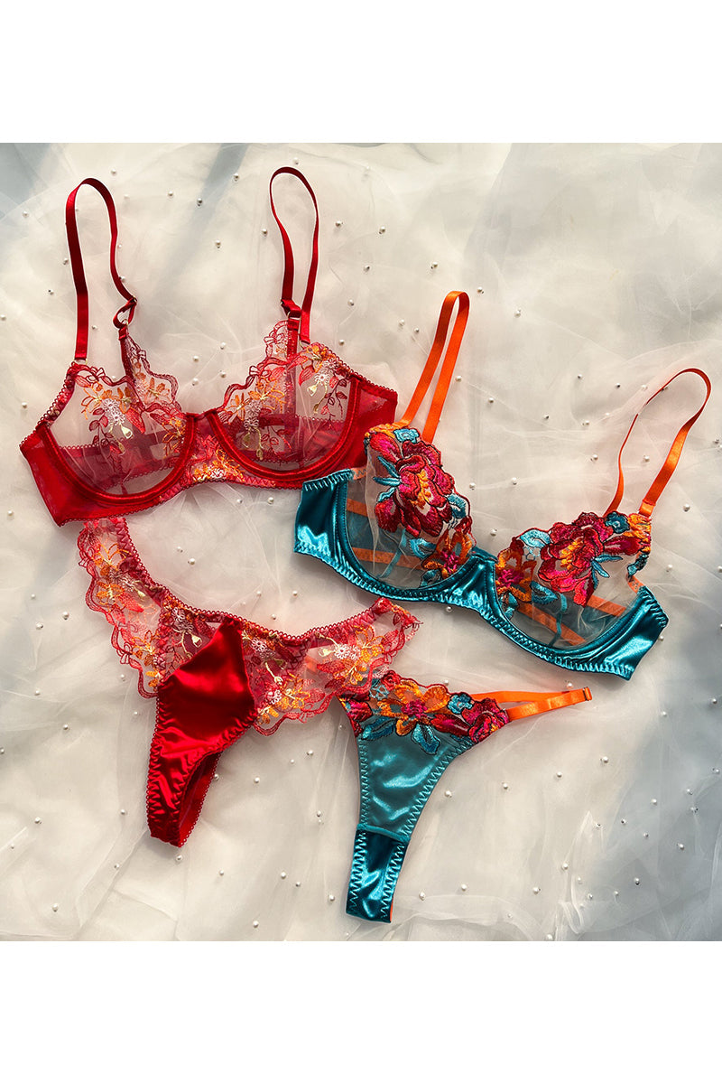 Valenzora | Satin-Sheer Blumen-Dessous-Set, 3-teilig