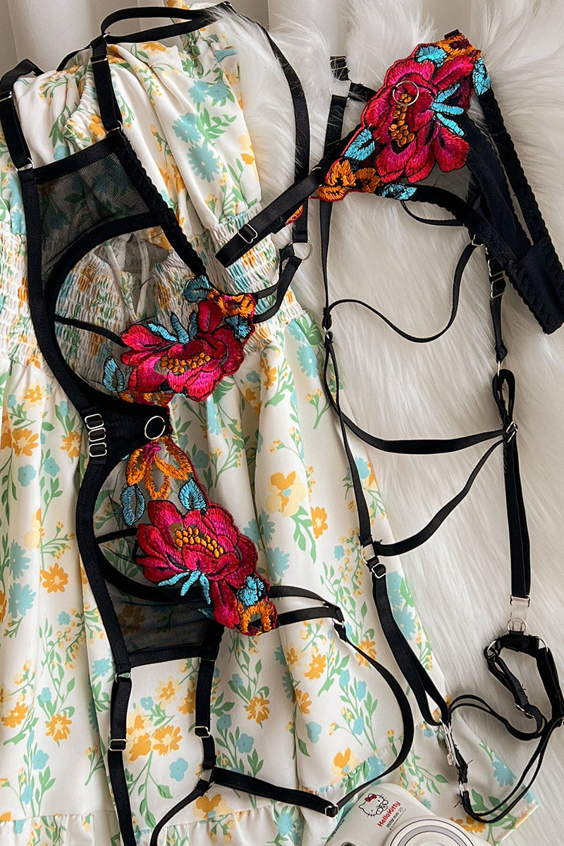 Valenzora | Satin-Sheer Blumen-Dessous-Set, 3-teilig