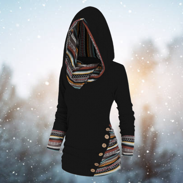 Valenzora | with hood - Women's fleece pullover with tribal pattern