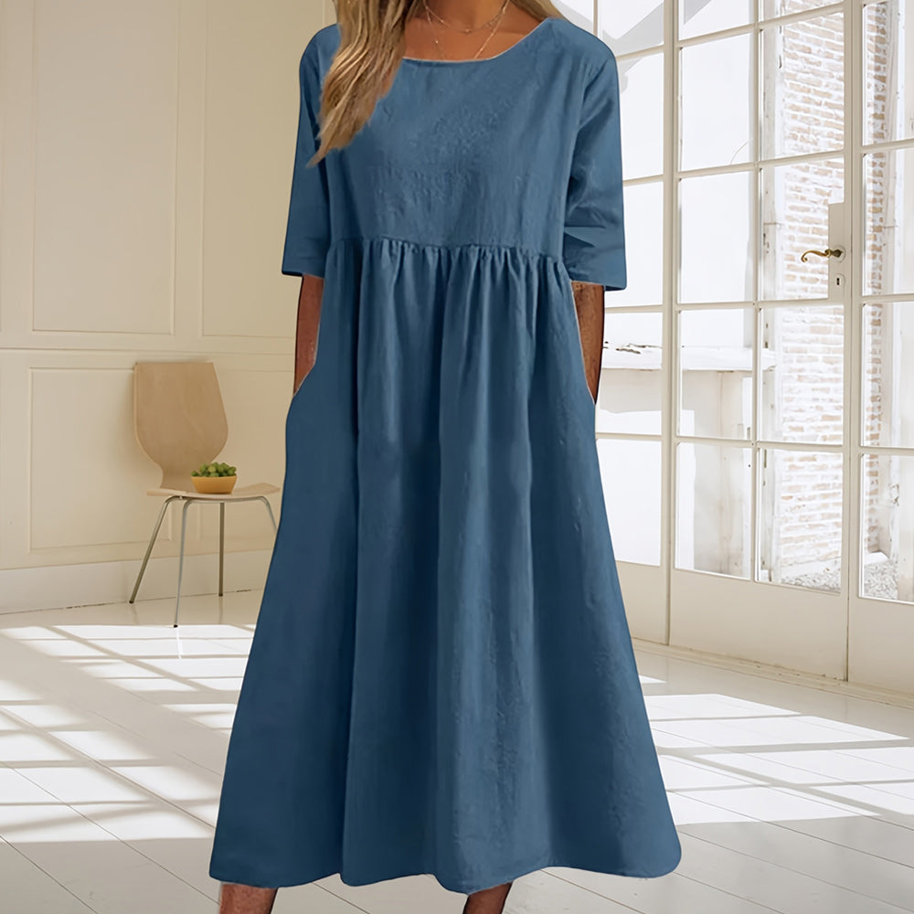 Valenzora | Lässiges, weit geschnittenes Sommerkleid aus Baumwolle und Leinen mit Rundhalsausschnitt
