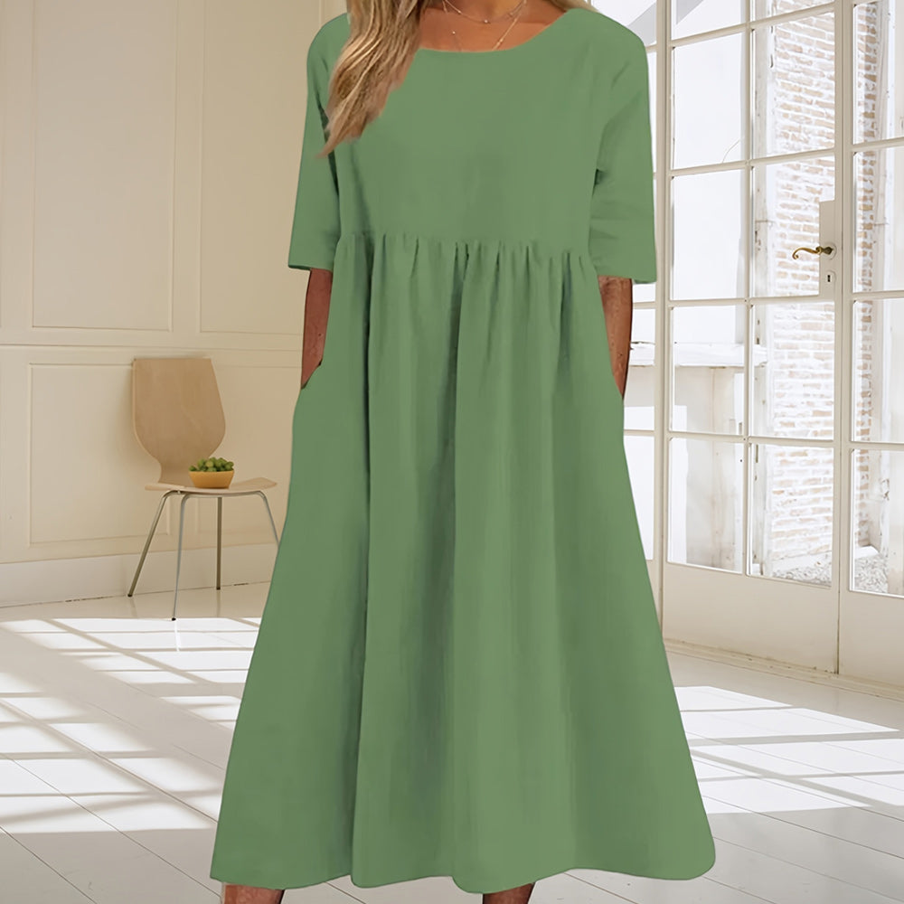 Valenzora | Lässiges, weit geschnittenes Sommerkleid aus Baumwolle und Leinen mit Rundhalsausschnitt