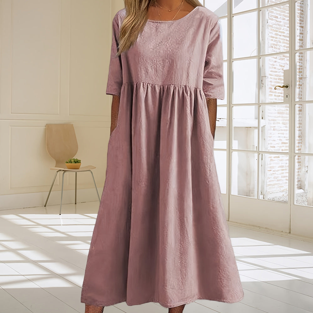 Valenzora | Lässiges, weit geschnittenes Sommerkleid aus Baumwolle und Leinen mit Rundhalsausschnitt