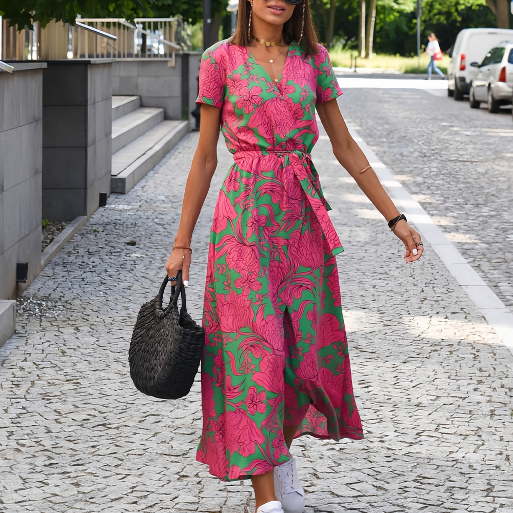 Valenzora | Printed V-neck summer dress with slit