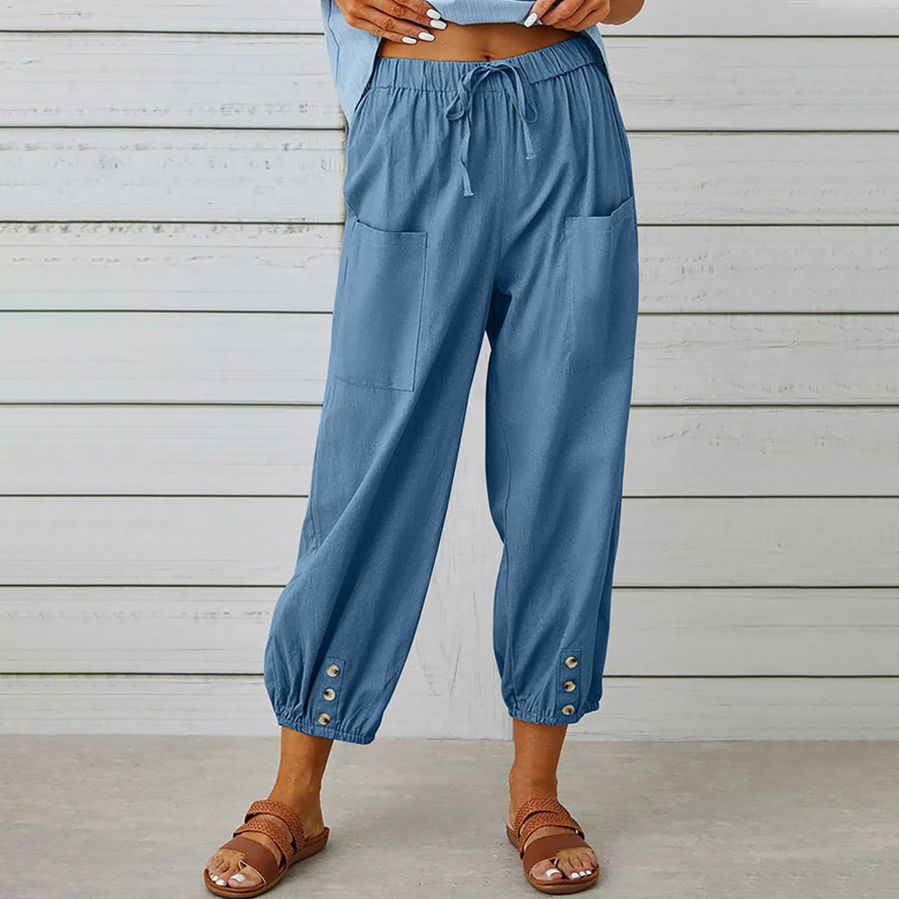 Valenzora | Short women's overalls made of cotton and linen with pockets and buttons