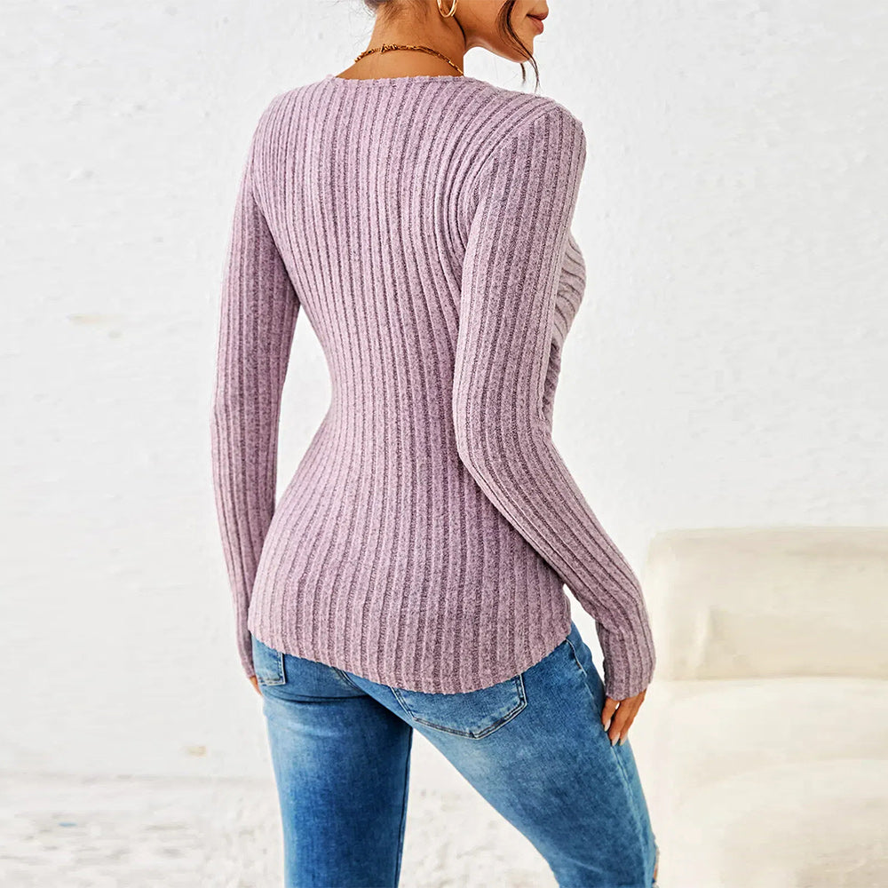 Valenzora | Casual, long-sleeved women's top with a slim waist, solid color and V-neck