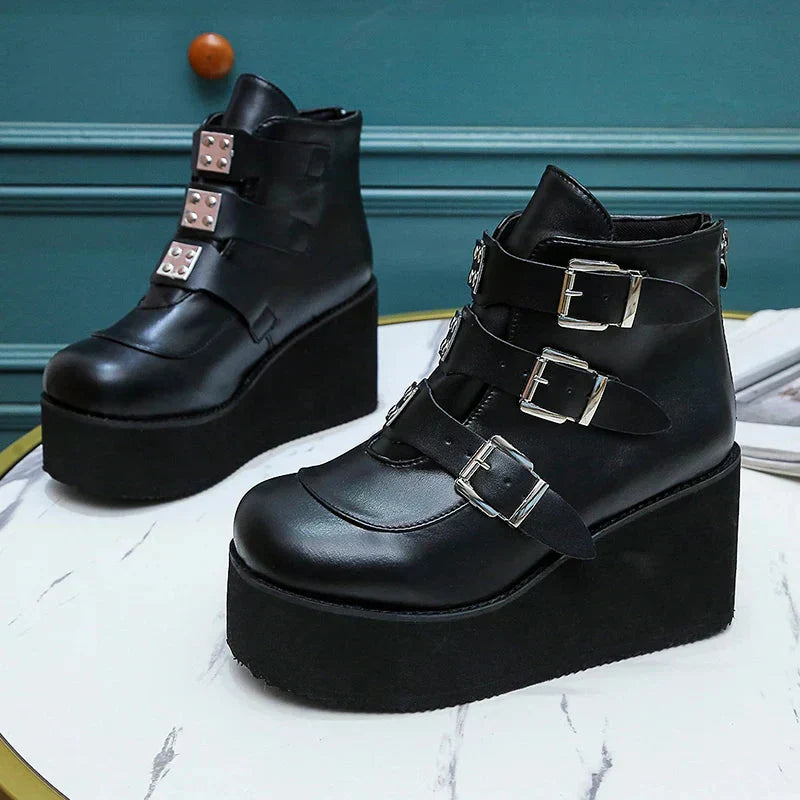 Valenzora | Damen-Stiefeletten, Street Fashion, Freizeitschuhe mit Keilabsatz, Größe 43, Super-High-Heel, Riemchenschnalle, Designer-Stiefel, feminin
