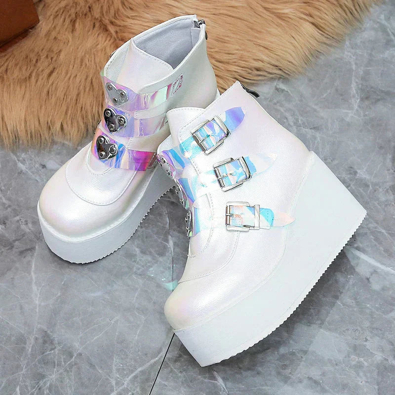 Valenzora | Damen-Stiefeletten, Street Fashion, Freizeitschuhe mit Keilabsatz, Größe 43, Super-High-Heel, Riemchenschnalle, Designer-Stiefel, feminin
