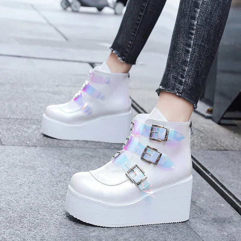 Valenzora | Damen-Stiefeletten, Street Fashion, Freizeitschuhe mit Keilabsatz, Größe 43, Super-High-Heel, Riemchenschnalle, Designer-Stiefel, feminin