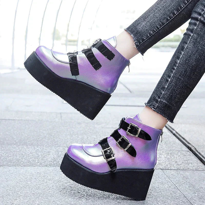 Valenzora | Damen-Stiefeletten, Street Fashion, Freizeitschuhe mit Keilabsatz, Größe 43, Super-High-Heel, Riemchenschnalle, Designer-Stiefel, feminin