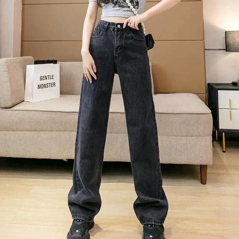 Valenzora | Herbst-Frühling Jeans Damen Denim Hose Vintage Straight Leg Hose Mode Weiblich Weiß Schwarz Einfarbig Locker Relaxed Wide Leg Hose