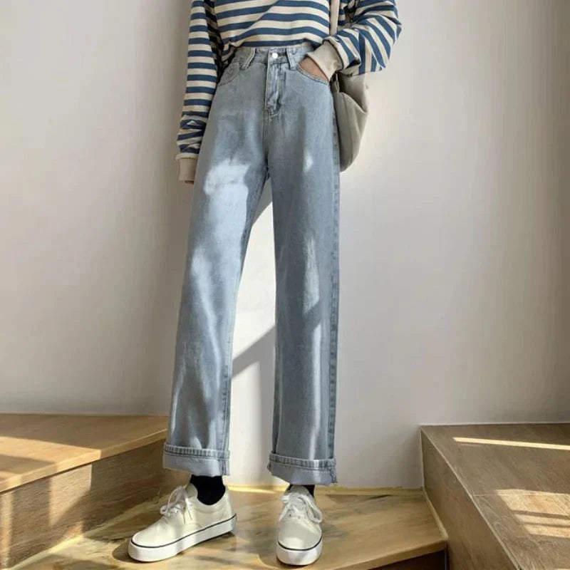 Valenzora | Herbst-Frühling Jeans Damen Denim Hose Vintage Straight Leg Hose Mode Weiblich Weiß Schwarz Einfarbig Locker Relaxed Wide Leg Hose