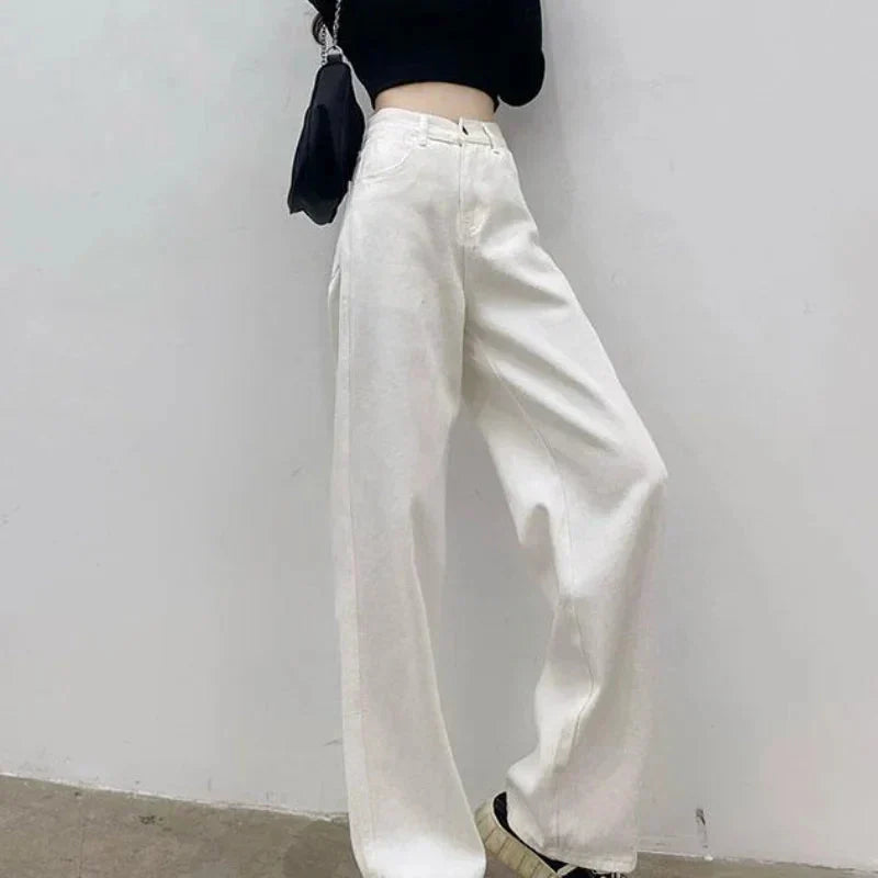 Valenzora | Herbst-Frühling Jeans Damen Denim Hose Vintage Straight Leg Hose Mode Weiblich Weiß Schwarz Einfarbig Locker Relaxed Wide Leg Hose
